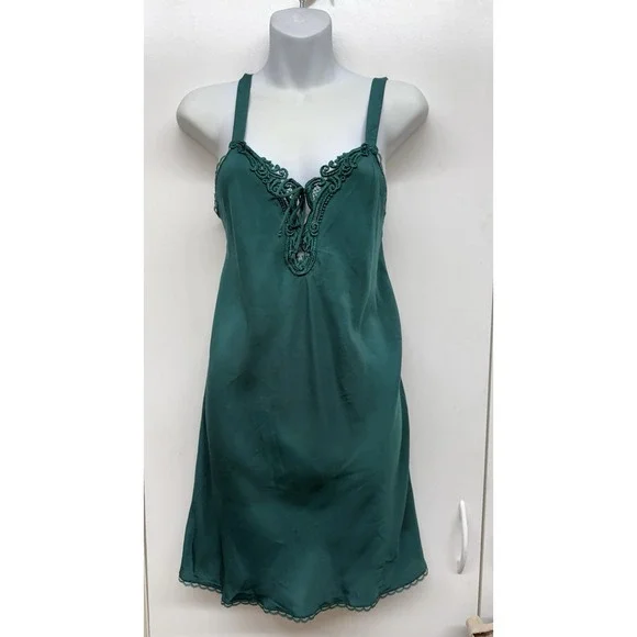 VTG 90's Val Mode Medium Green Slip Dress Lingerie Nightgown Cottagecore - Picture 2 of 7